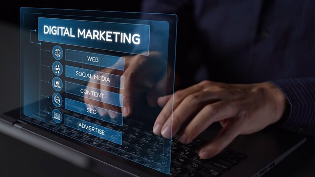 Digital marketing strategy broken down into categories: web, SEO, content, social media, and advertise. Digital tools enhance online marketing success across digital platforms. Muxer