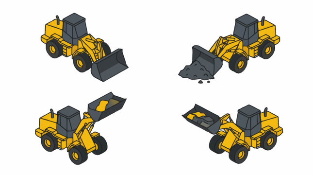 Set of four yellow front loader construction vehicles in isometric view.