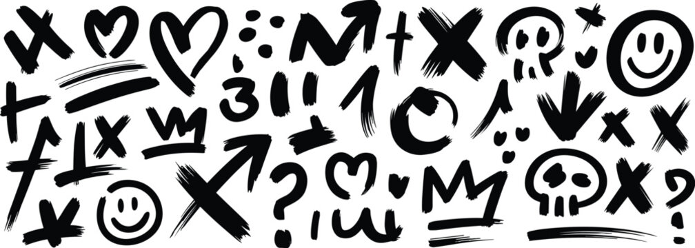 Diverse collection of handdrawn brush stroke icons including hearts skulls crowns and question marks scattered across the frame