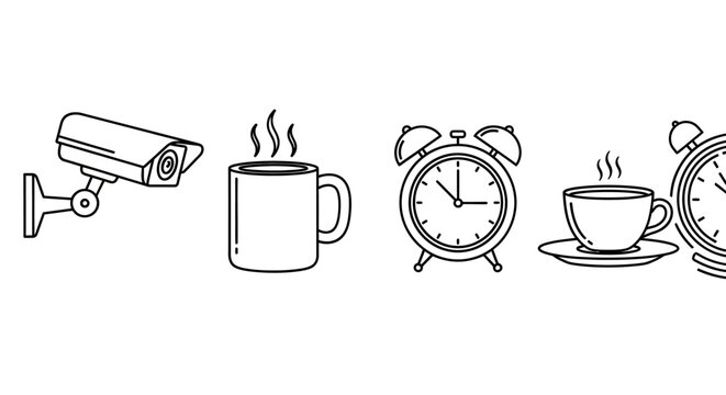A morning routine illustration featuring a security camera, steaming coffee mug, alarm clock, and another cup of coffee on a saucer next to a clock.