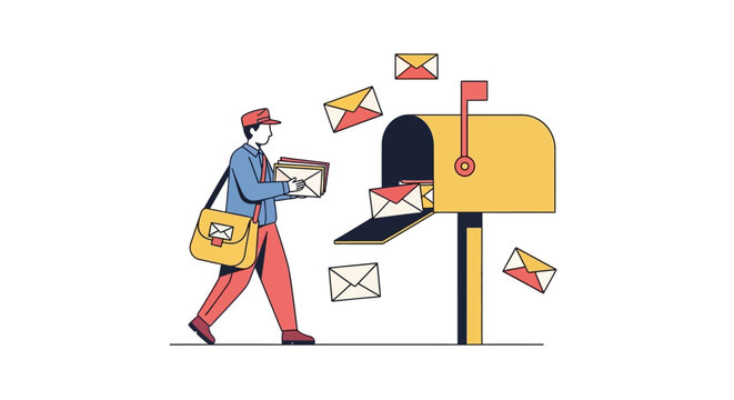 Postman Delivering Mail to Yellow Mailbox Illustration.