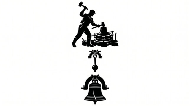 Industrial bell founder metal casting with blacksmith hammering bronze mold and church bell with clapper mechanism silhouette vector set
