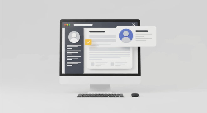 3D render of a desktop computer screen showing a user interface dashboard with profile icons, account registration forms, sidebar navigation, and a floating contact card window.