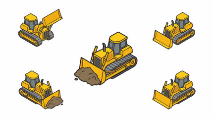 Set of Yellow Bulldozers in Isometric View. © Agu