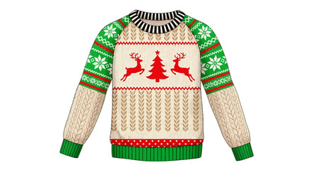 A festive holiday sweater with reindeer and Christmas tree design on cream background © Pata