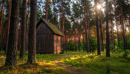 Fototapeta premium A serene wooden cabin nestled among tall trees in a forest clearing