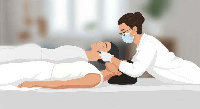 Flat vector illustration of a professional aesthetician wearing a face mask and gloves performing a facial cosmetic treatment on a patient lying on a table in a bright clinic setting.