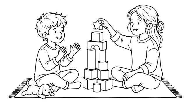 Hand-drawn coloring page of children playing with blocks, little boy and girl building a toy tower on a rug, black and white line art vector