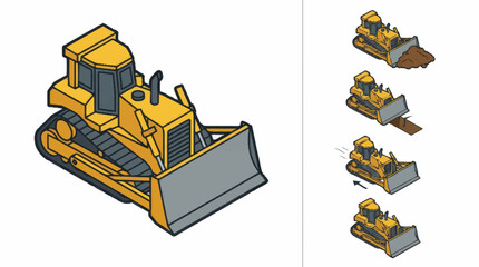 Yellow bulldozer construction vehicle isometric illustration. © Agu