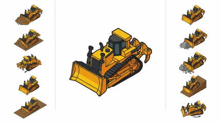 Yellow bulldozer construction vehicle isometric illustration set. © Agu