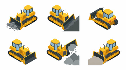 Yellow Bulldozer Construction Vehicle Set Isometric View. © Agu