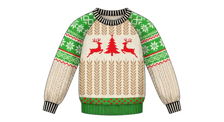 A festive holiday sweater with reindeer design on front © Pata
