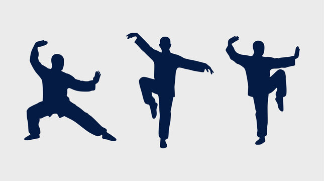 Silhouette of a man practicing traditional kung fu and wushu stances