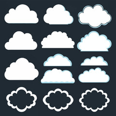 Obraz premium Set of twelve minimalist cloud icons and scalloped frames in white and light blue, featuring diverse cumulus shapes and decorative speech bubbles, isolated on dark gray background.