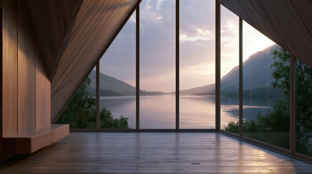 Empty room with a large window that offers a beautiful view of a lake and mountains. the room has wooden flooring and a wooden ceiling with a triangular shape.