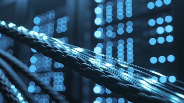 Close-up view of braided cables illuminated by blue lights in a data center, showcasing the intricate details and connections within the technology environment