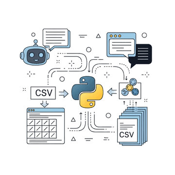 Conceptual vector illustration of Python programming language for data science, featuring an AI chatbot, CSV file processing, spreadsheet tables, and automation flow lines.