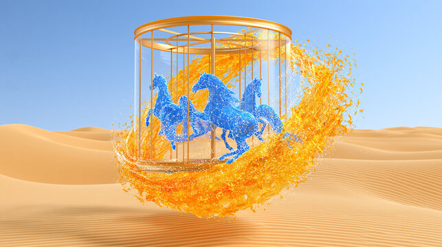 Cosmic carousel with constellation horses floating above a desert landscape