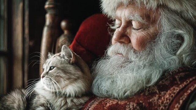 Santa claus dozing in a rocking chair while a fluffy gray tabby cat rests on his chest