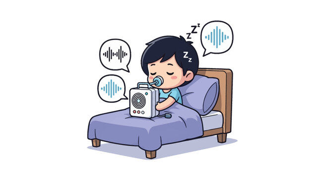 Vector illustration of a chibi boy character sleeping in bed using a white noise machine or portable CPAP device, featuring sound wave bubbles and snoring symbols on a white background.