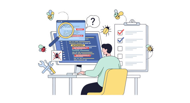Programmer Debugging Code with Bugs and Checklist.
