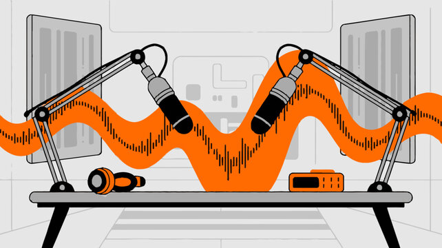 Sound wave, audio equipment, studio microphone, recording setup, orange waveform