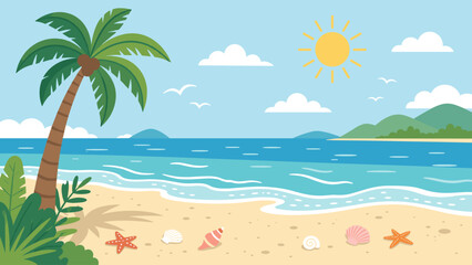 Fototapeta premium Tropical beach scene with palm tree, ocean waves, and seashells under a sunny sky