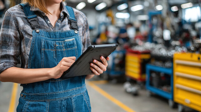 Woman Employee Use Digital Tablet For Inventory Control In Factory Close Up