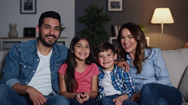 Happy family sitting together on a sofa watching television at home.
