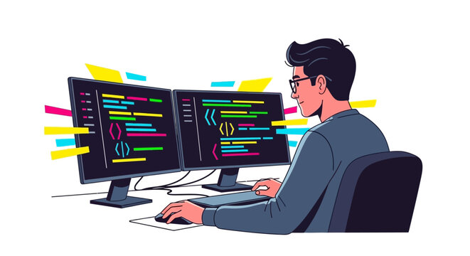 Programmer working on dual monitors with colorful code.