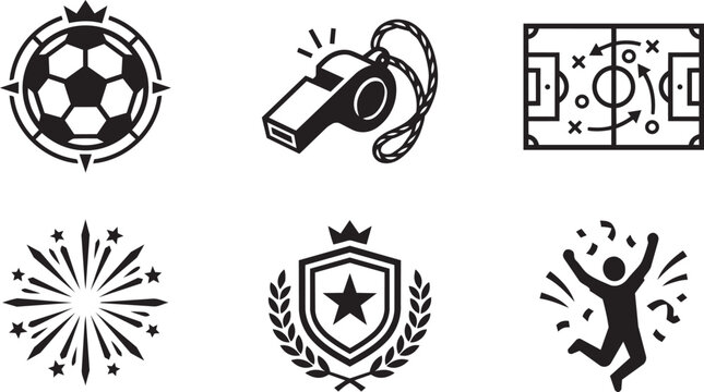 Soccer championship victory and football referee black vector icons set.