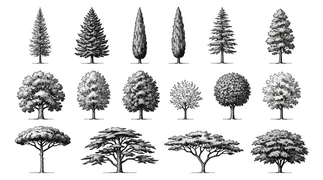 Vintage engraved tree collection, set of 16 botanical vector illustrations, hand drawn forest and garden trees, classic woodcut style nature elements
