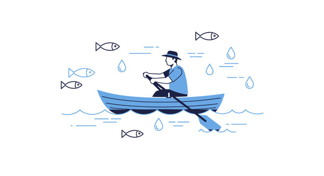 Man rowing a boat on water with fish.