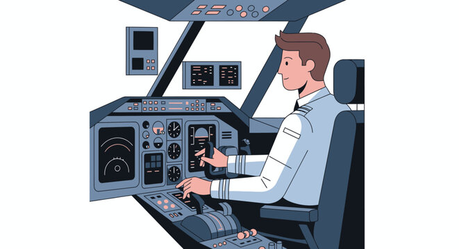 Pilot in cockpit flying airplane controlling instruments.