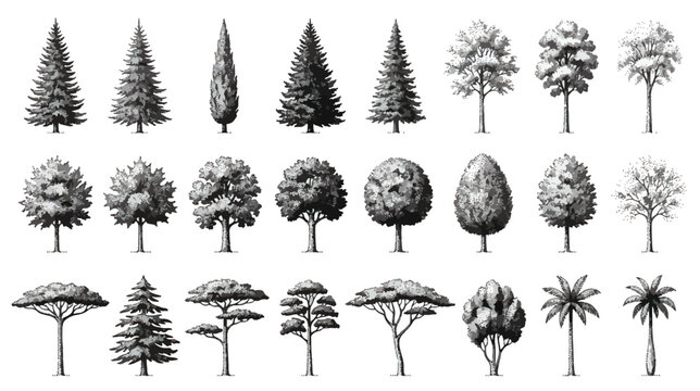 Vintage hand drawn trees collection, 24 engraved forest and garden tree vector icons, monochrome botanical sketches for landscape design and maps