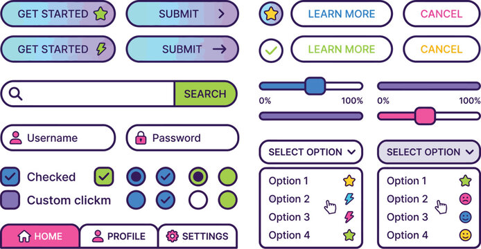 User interface design elements and web controls with app design radio buttons search bar login form design system input field dropdown
