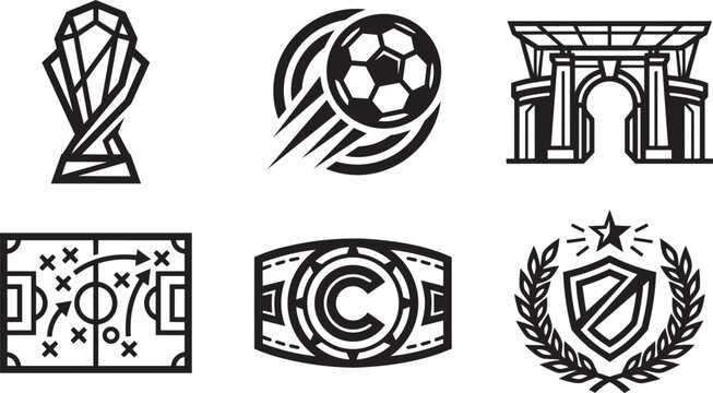 Soccer championship stadium and football tactical play black vector icons set.