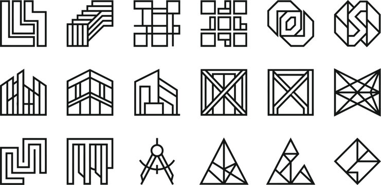 Abstract geometric shapes and architectural iconography set with design elements line art modern design architectural icons building icon
