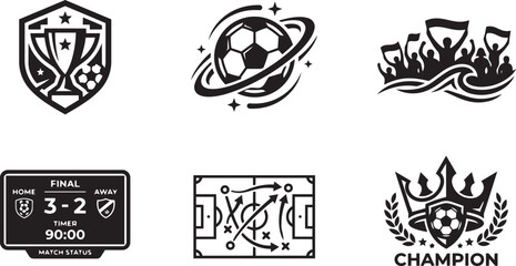 Soccer scoreboard match final and football tactics black vector icons set. © Joy
