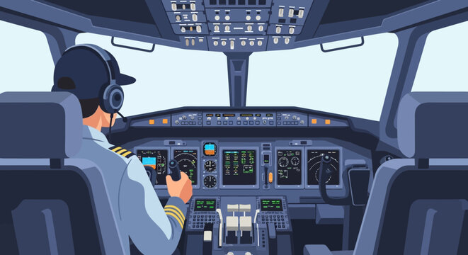 Pilot in cockpit flying airplane with advanced technology.