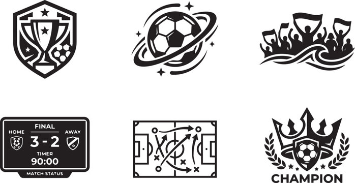 Soccer scoreboard match final and football tactics black vector icons set.