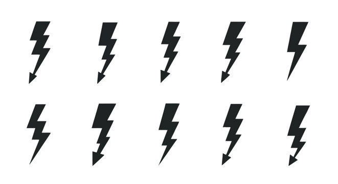 Set of ten black lightning bolt icons and symbols featuring various zigzag designs and arrowhead tips isolated on a white background for power energy and weather concepts.