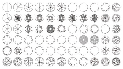 Fototapeta premium Landscape architecture tree symbols, 60 top view garden plan icons, minimalist black and white site plan vegetation vector set for architectural rendering