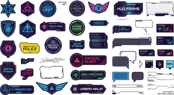 Futuristic UI elements buttons icons for sci-fi and technology interfaces with sci fi control panel abstract design technology background