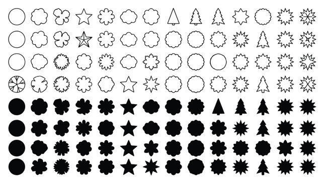 Minimalist geometric badge shapes, 112 vector star and circle icons, black and white outline and solid silhouette elements for logo design