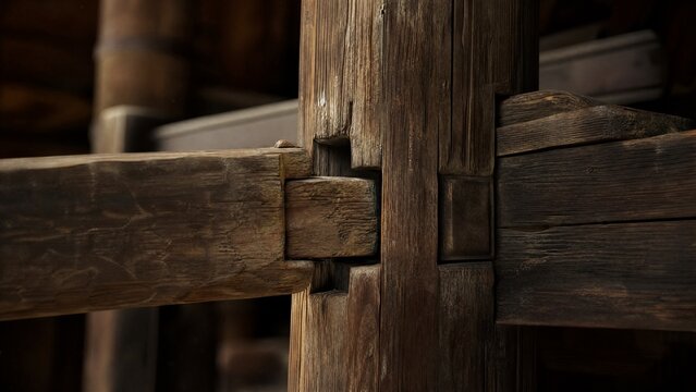 Ancient wooden beam with mortise and tenon joint, detailed texture.