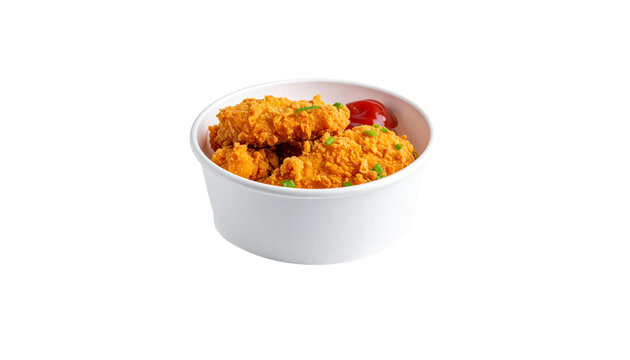 Delicious fried chicken nuggets, served as a gourmet snack, are separated on a white background.