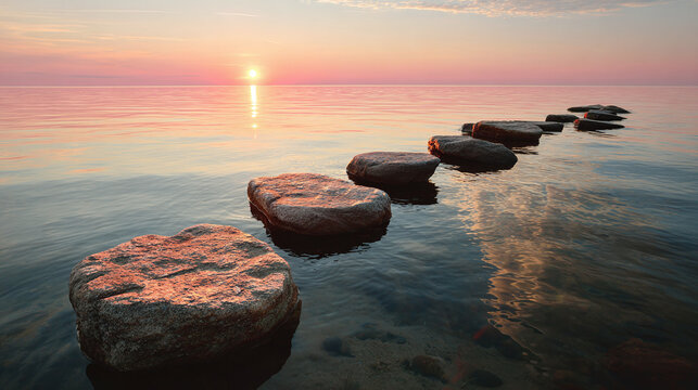 Stepping Stones Path Across Calm Water at Sunset with Golden Sunlight