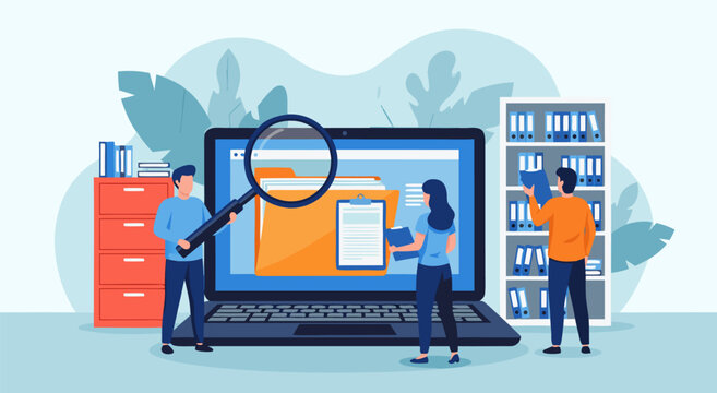 Detailed Vector Illustration of Data Management and File Organization on a Laptop with Magnifying Glass and People