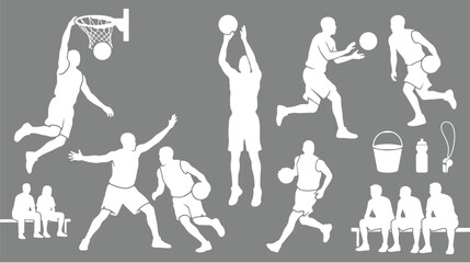 Basketball player silhouettes set, white athletic figures in action poses, sports vector collection with dunking and shooting icons © Noman